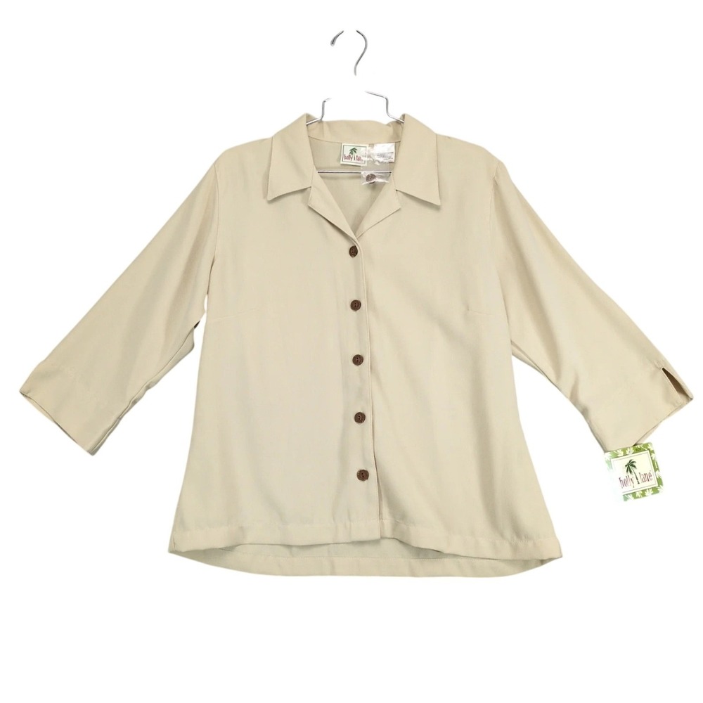 Vintage Y2K Holly Lane Beige Blouse Womens L Carved Wood Buttons Flowy Resort